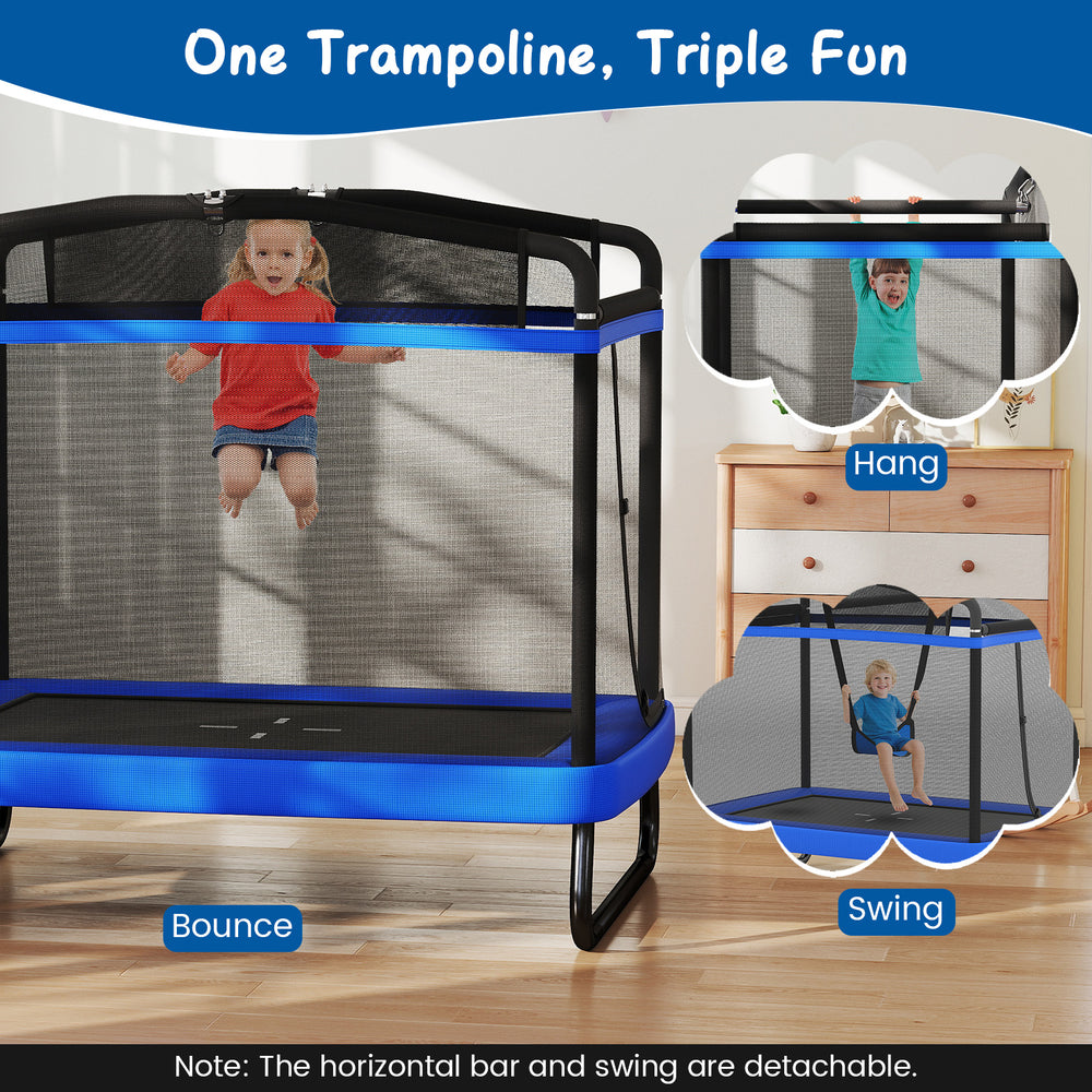 6 FT kids trampoline in blue with swing and horizontal bar, designed for safe indoor or outdoor play and fun bouncing.