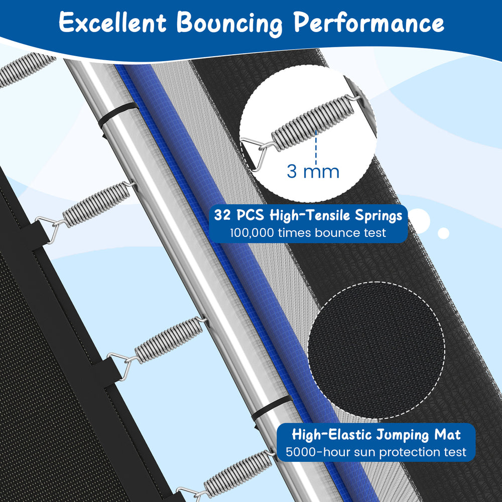 Close-up of high-elastic springs and jumping mat on the 6 FT kids trampoline for safe and fun play.