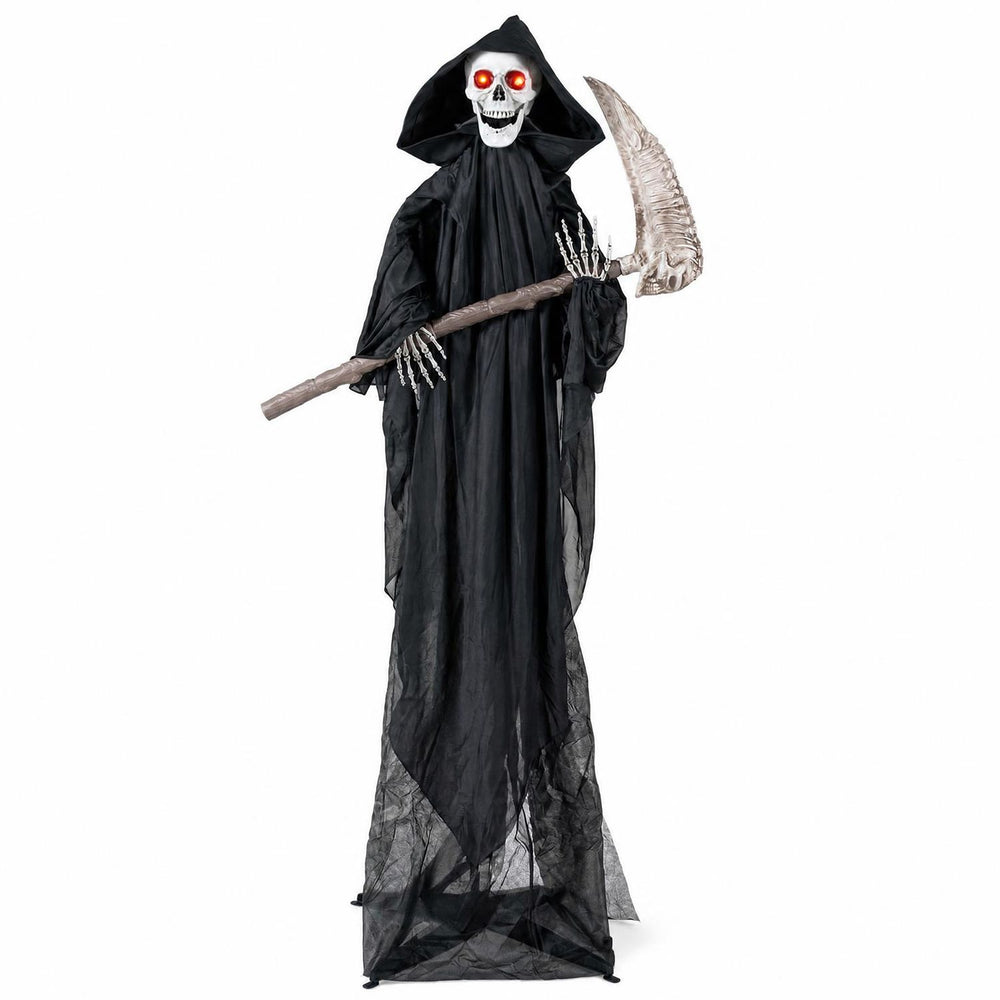Terrifying 6 FT Grim Reaper decoration in tattered black robe, featuring glowing red eyes and a realistic scythe for Halloween.