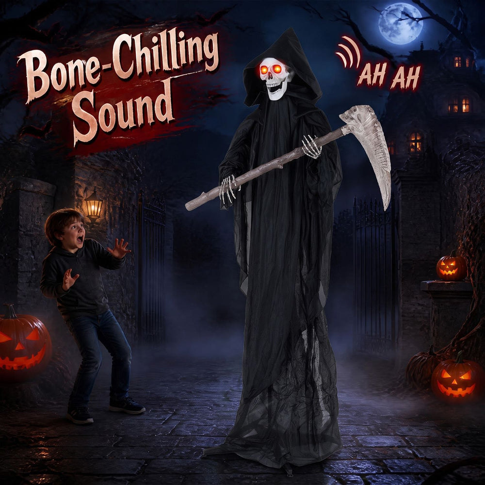 Lifelike 6 FT Grim Reaper with scythe features glowing red eyes and eerie sounds for a spooky Halloween decoration.