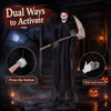 Lifelike 6 FT Grim Reaper decoration with glowing red eyes, realistic scythe, and eerie sounds for a spooky atmosphere.