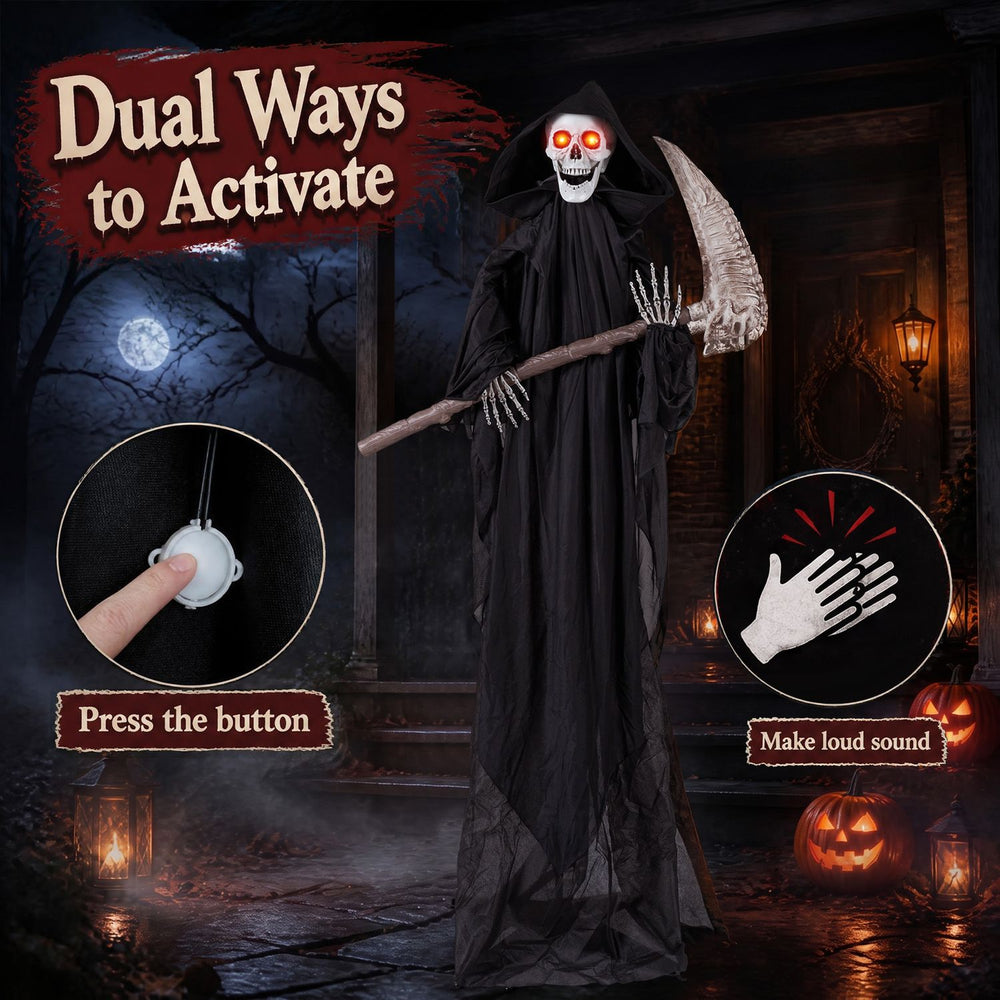 Lifelike 6 FT Grim Reaper decoration with glowing red eyes, realistic scythe, and eerie sounds for a spooky atmosphere.