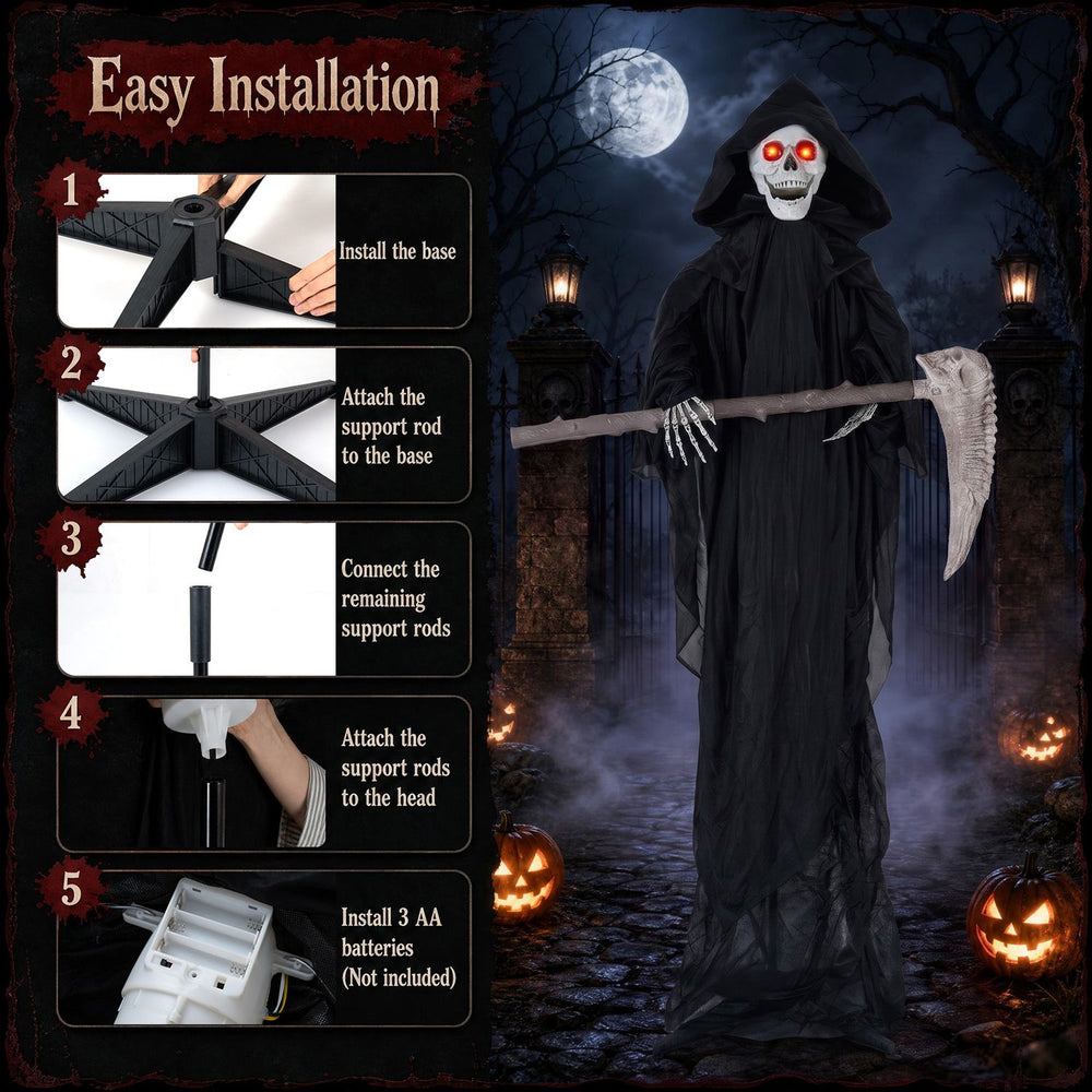 Assembly instructions for the 6 FT Lifelike Grim Reaper, detailing steps for setup and battery installation for Halloween decor.