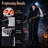Lifelike 6 FT Grim Reaper with glowing red eyes, realistic scythe, and tattered robe for a spooky Halloween decoration.