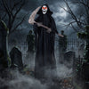 Lifelike 6 FT Grim Reaper decoration with glowing red eyes and realistic scythe, perfect for spooky indoor or outdoor displays.