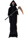 Imposing 6 FT Grim Reaper decoration with a menacing scythe and glowing red eyes, ideal for haunting Halloween displays.