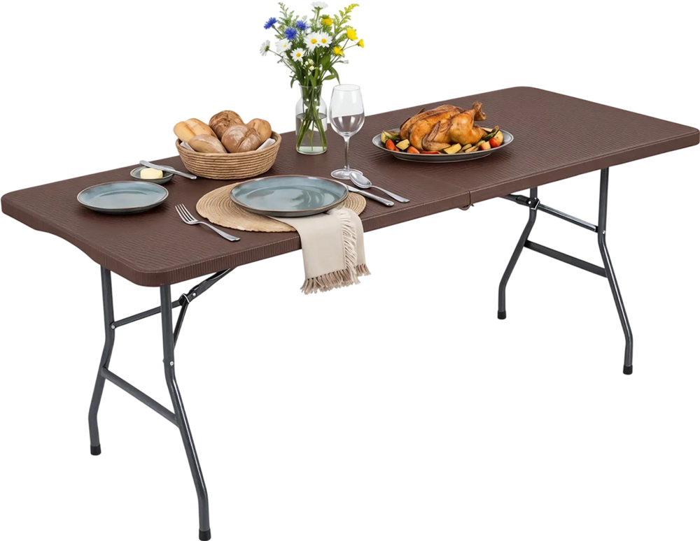 6 FT fold-in-half camping table with a simulated rattan texture, perfect for indoor dining or outdoor events.