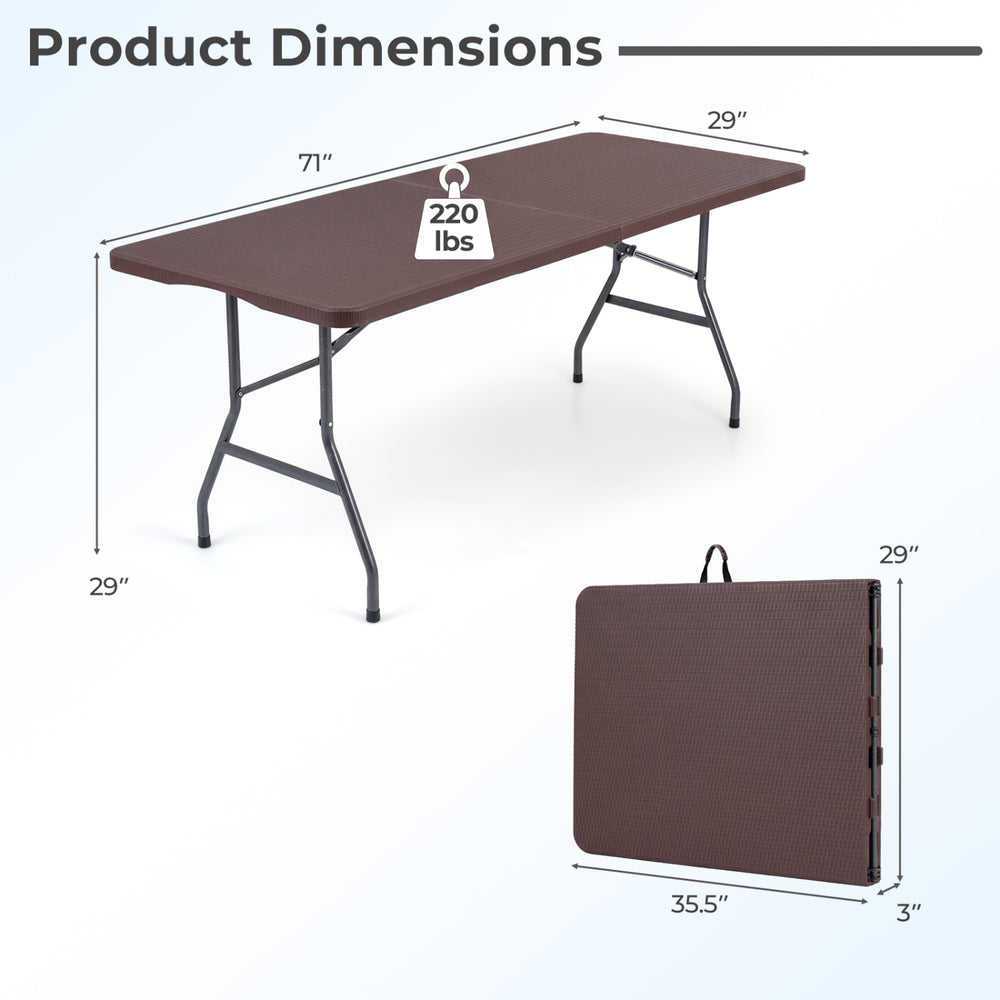 6 FT fold-in-half camping table with simulated rattan texture, sturdy metal legs, and easy-carry design for versatile use.