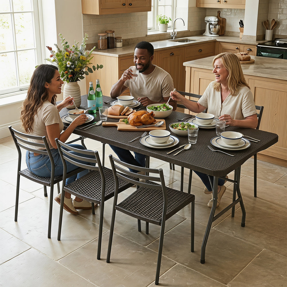 Rectangular 6 FT fold-in-half camping table with simulated rattan texture, ideal for indoor dining or outdoor events.