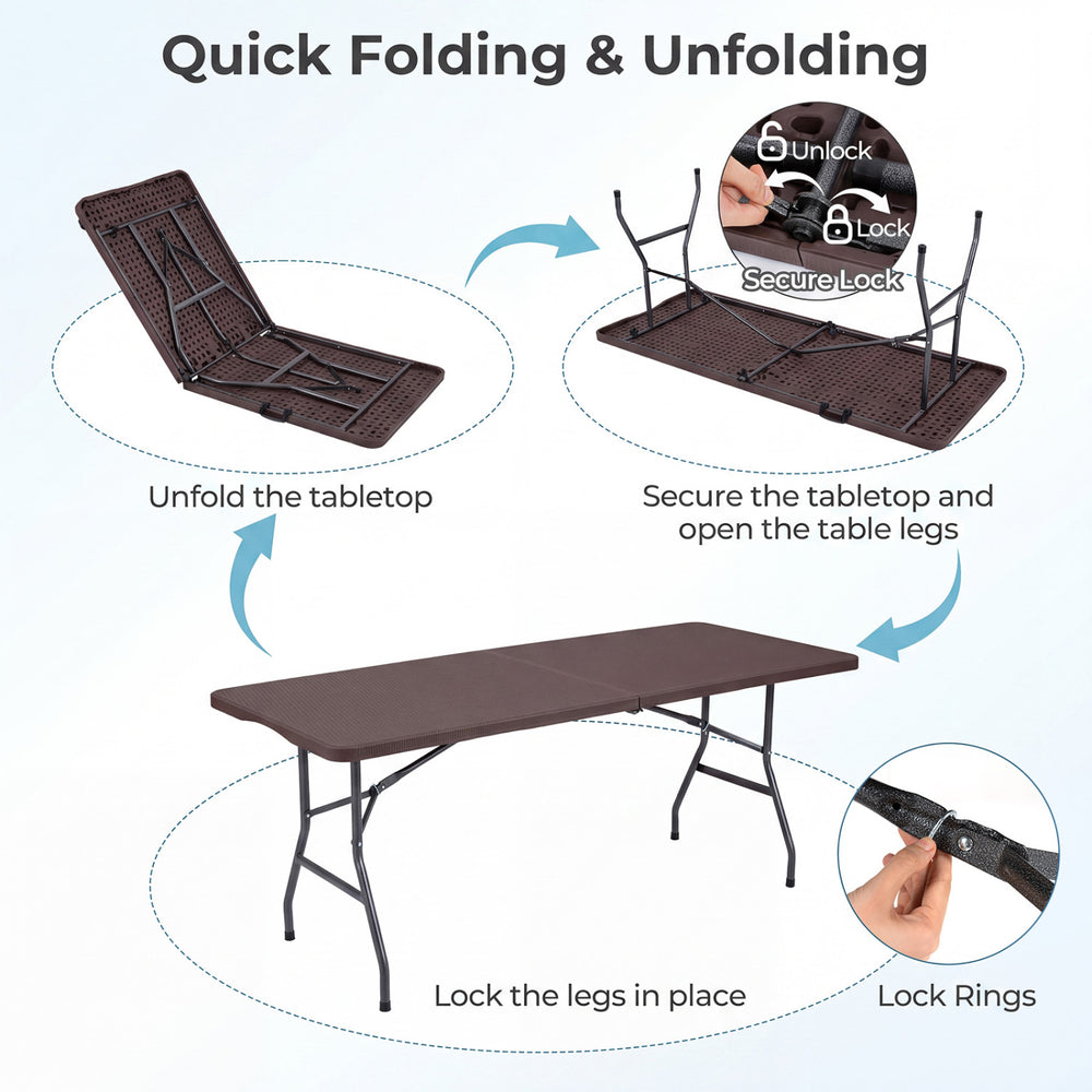 6 FT fold-in-half camping table with a simulated rattan texture, sturdy metal legs, and easy-carry design for versatile use.