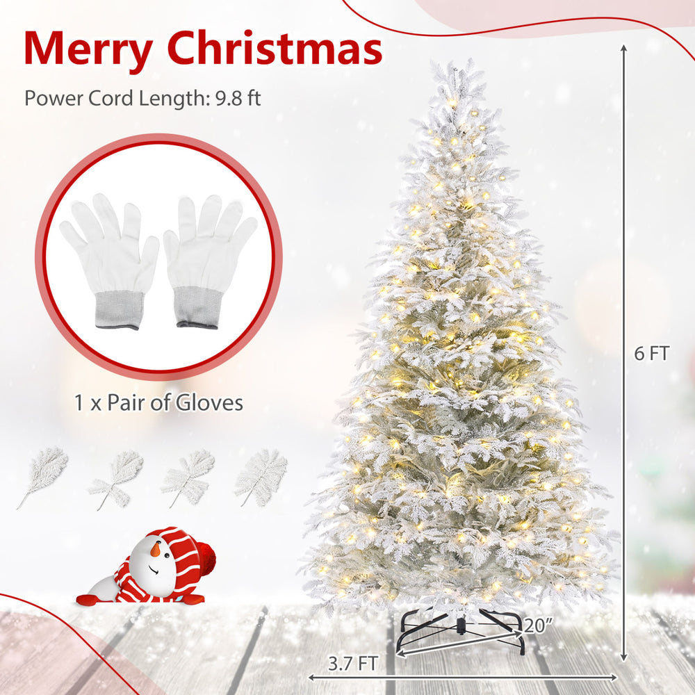 6 FT pre-lit artificial Christmas tree with warm white and multicolor LED lights, featuring flocked branches for a lifelike appearance.