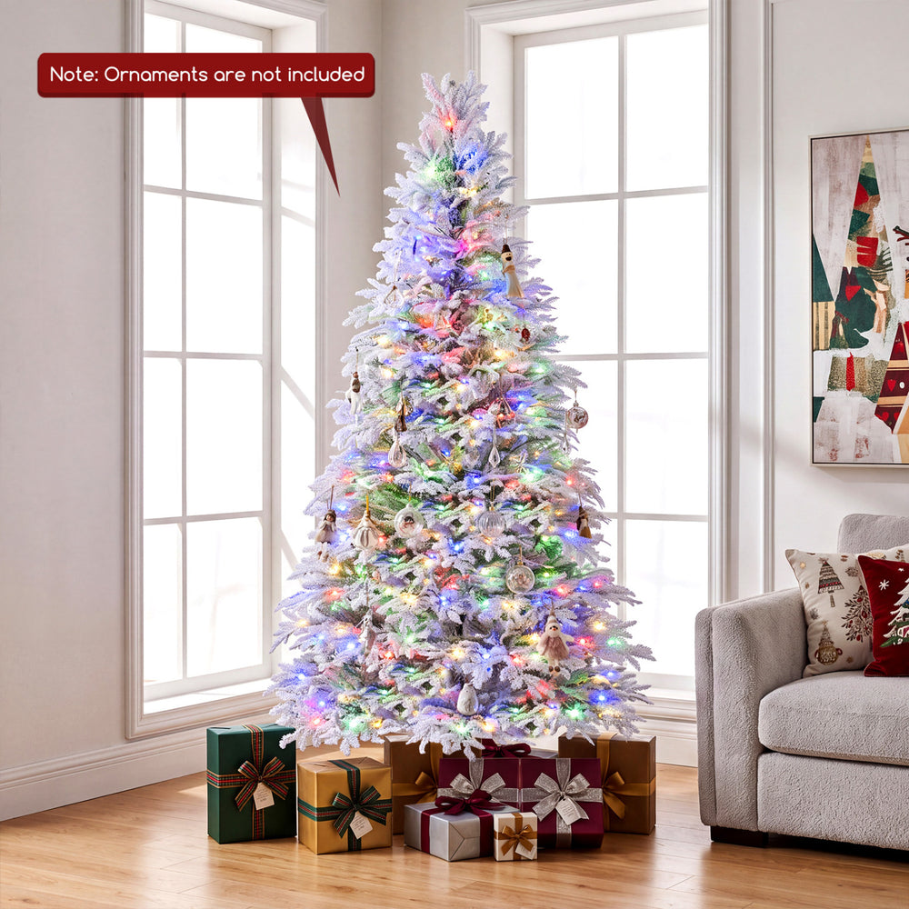 6 FT pre-lit artificial Christmas tree with warm white and multicolor LED lights, featuring flocked branches for fullness.