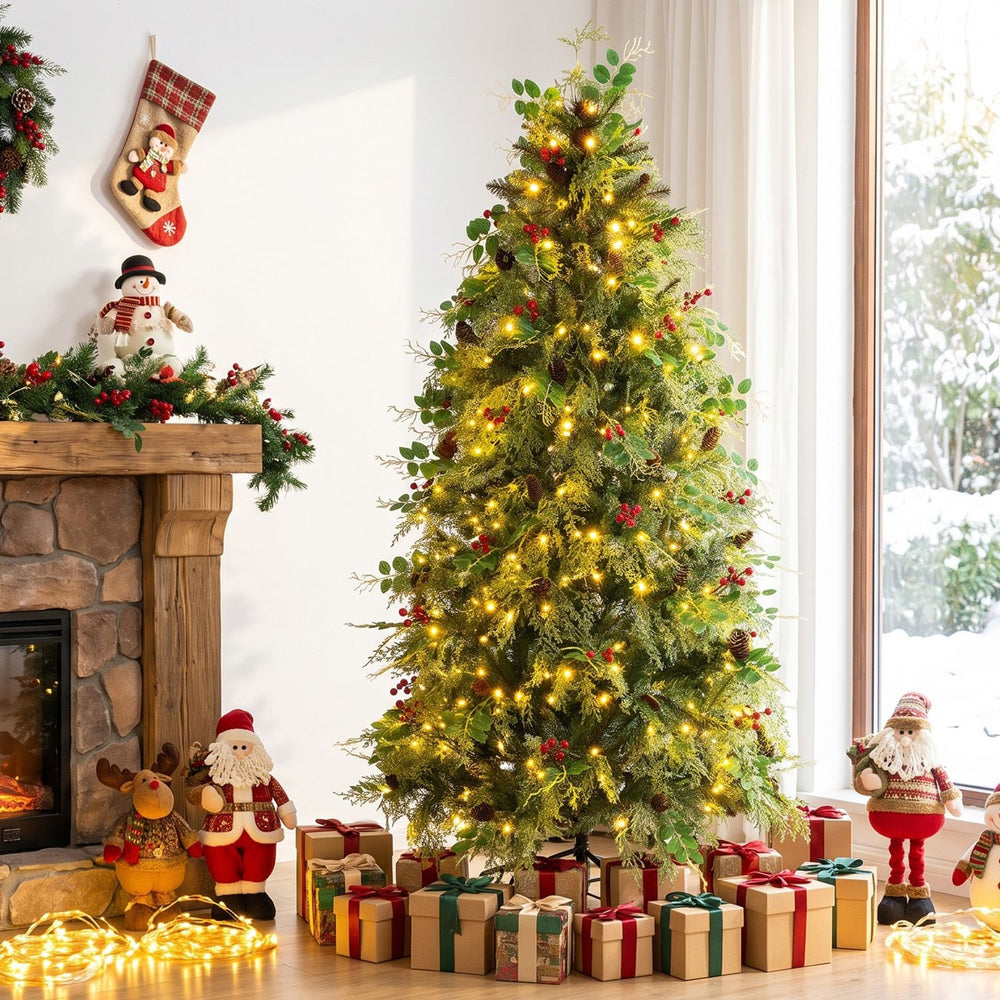 Decorated 6 FT artificial Christmas tree with warm white and multicolor LED lights, pine cones, and red berries indoors.