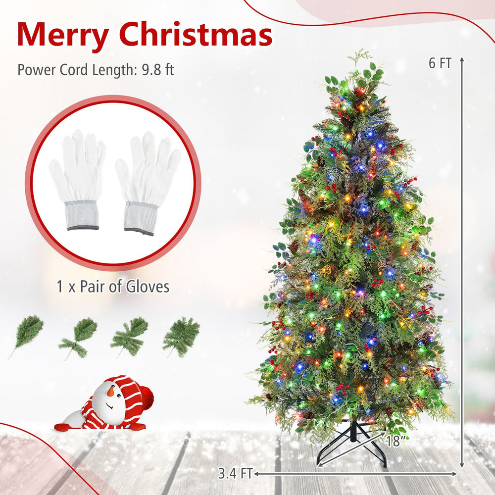 6 FT pre-lit artificial Christmas tree with multicolor LED lights, pine cones, and red berries, shown with gloves included.