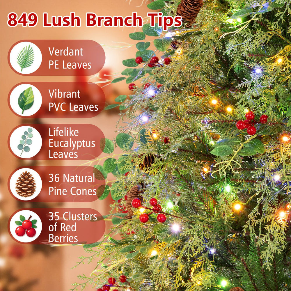 6 FT pre-lit artificial Christmas tree with pine cones, red berries, and warm white and multicolor LED lights.