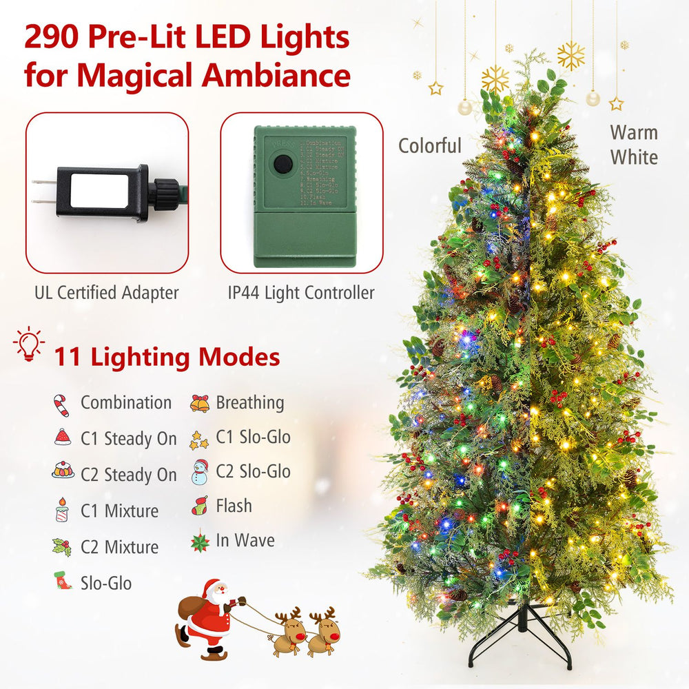 6 FT pre-lit artificial Christmas tree with warm white and multicolor LED lights, pine cones, and red berries for indoor holidays.