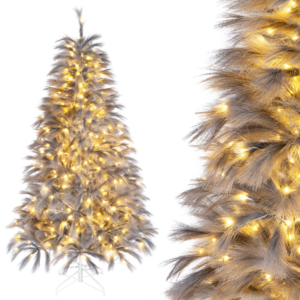 6 FT pre-lit Christmas tree featuring feather-inspired branch tips and warm white LED lights for a stylish holiday display.