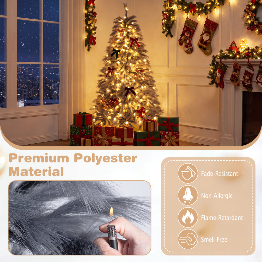 6 FT pre-lit Christmas tree features feather-inspired branch tips, warm white LED lights, and a stable metal base for holiday decor.