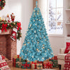 Peacock blue 6 FT pre-lit Christmas tree with 500 warm white LED lights, perfect for festive holiday displays.