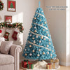Peacock blue 6 FT pre-lit Christmas tree with warm white LED lights, perfect for festive holiday displays.
