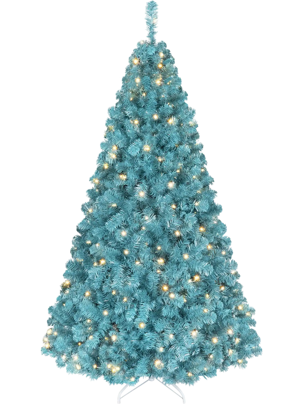 Pre-lit 6 FT peacock blue Christmas tree with 500 warm white LED lights, featuring layered branch tips for a festive display.