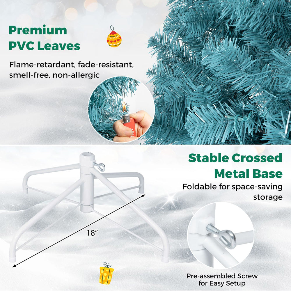 Peacock blue 6 FT pre-lit Christmas tree features 500 warm white LED lights and a stable foldable metal base for easy setup.