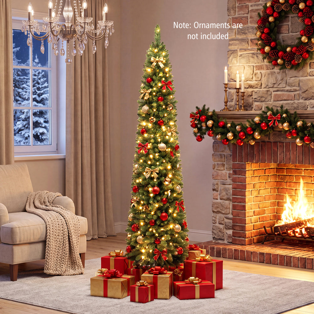 6 FT pre-lit pencil Christmas tree with 180 warm white LED lights, featuring dense branches and a narrow shape for small spaces.