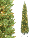 Pre-lit 6 FT pencil Christmas tree with 180 warm white LED lights, featuring a narrow shape for space-saving holiday decor.