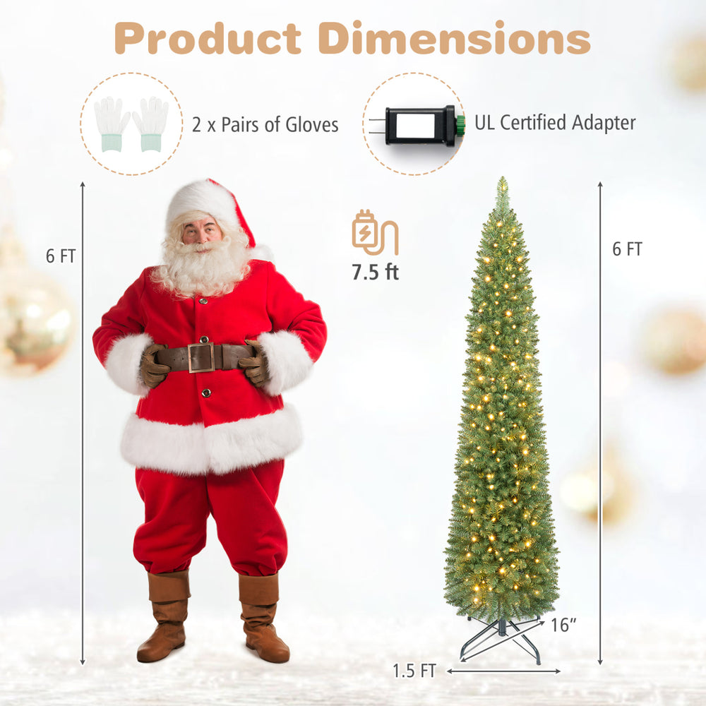6 FT pre-lit pencil Christmas tree with 180 warm white LED lights, featuring a narrow shape for space-saving holiday decor.