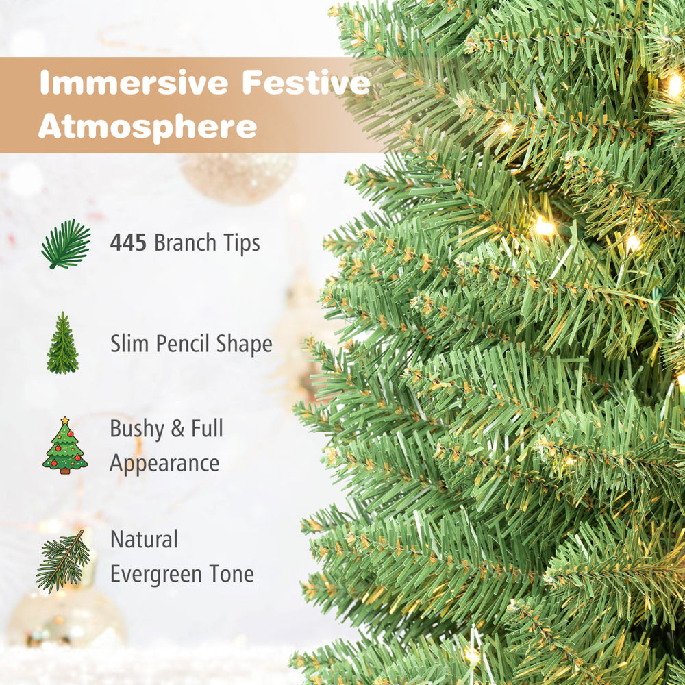 6 FT pre-lit pencil Christmas tree featuring 445 branch tips and warm white LED lights for a festive atmosphere.