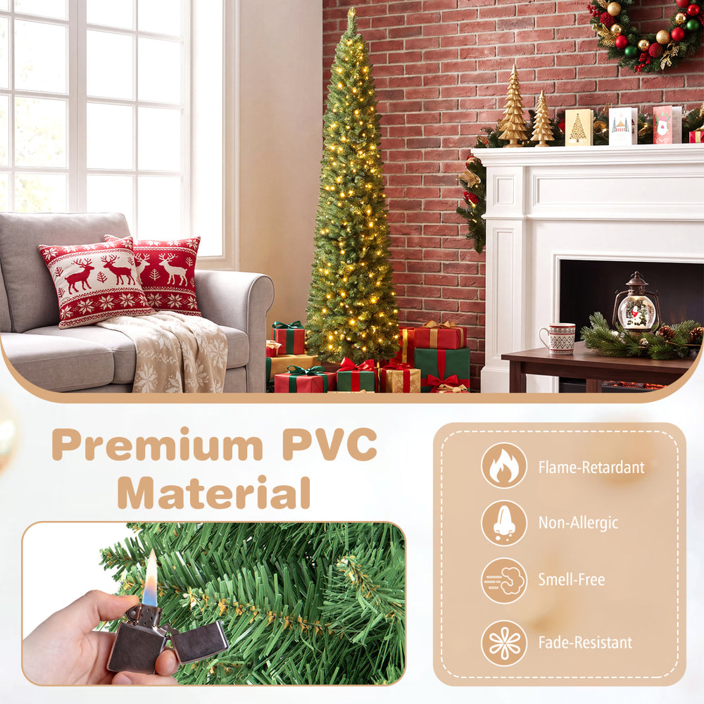 6 FT pre-lit pencil Christmas tree with 180 warm white LED lights, featuring dense PVC branches for a lifelike holiday look.