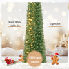 6 FT pre-lit pencil Christmas tree with 180 warm white LED lights, featuring dense branches for a lifelike holiday look.
