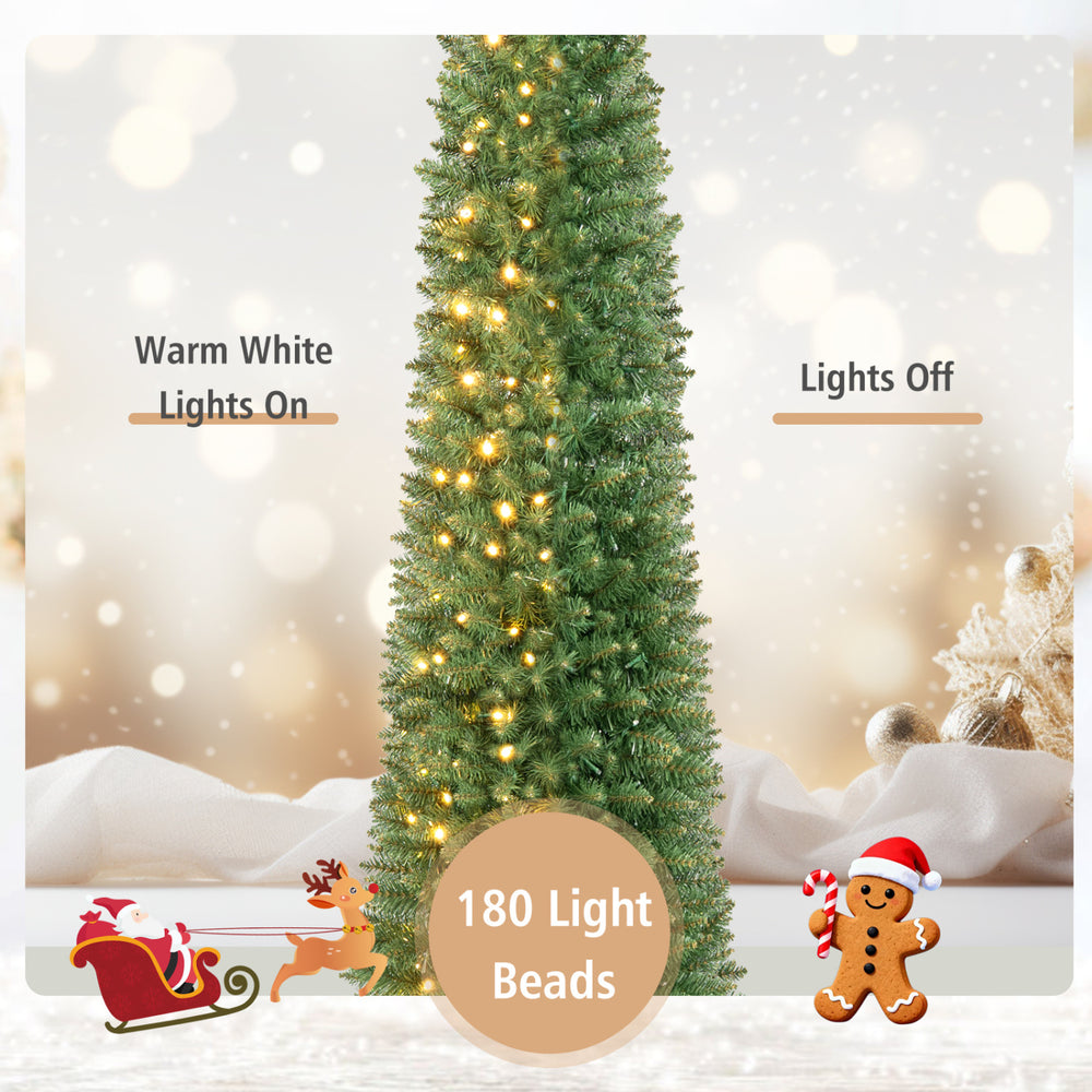 6 FT pre-lit pencil Christmas tree with 180 warm white LED lights, featuring dense branches for a lifelike holiday look.