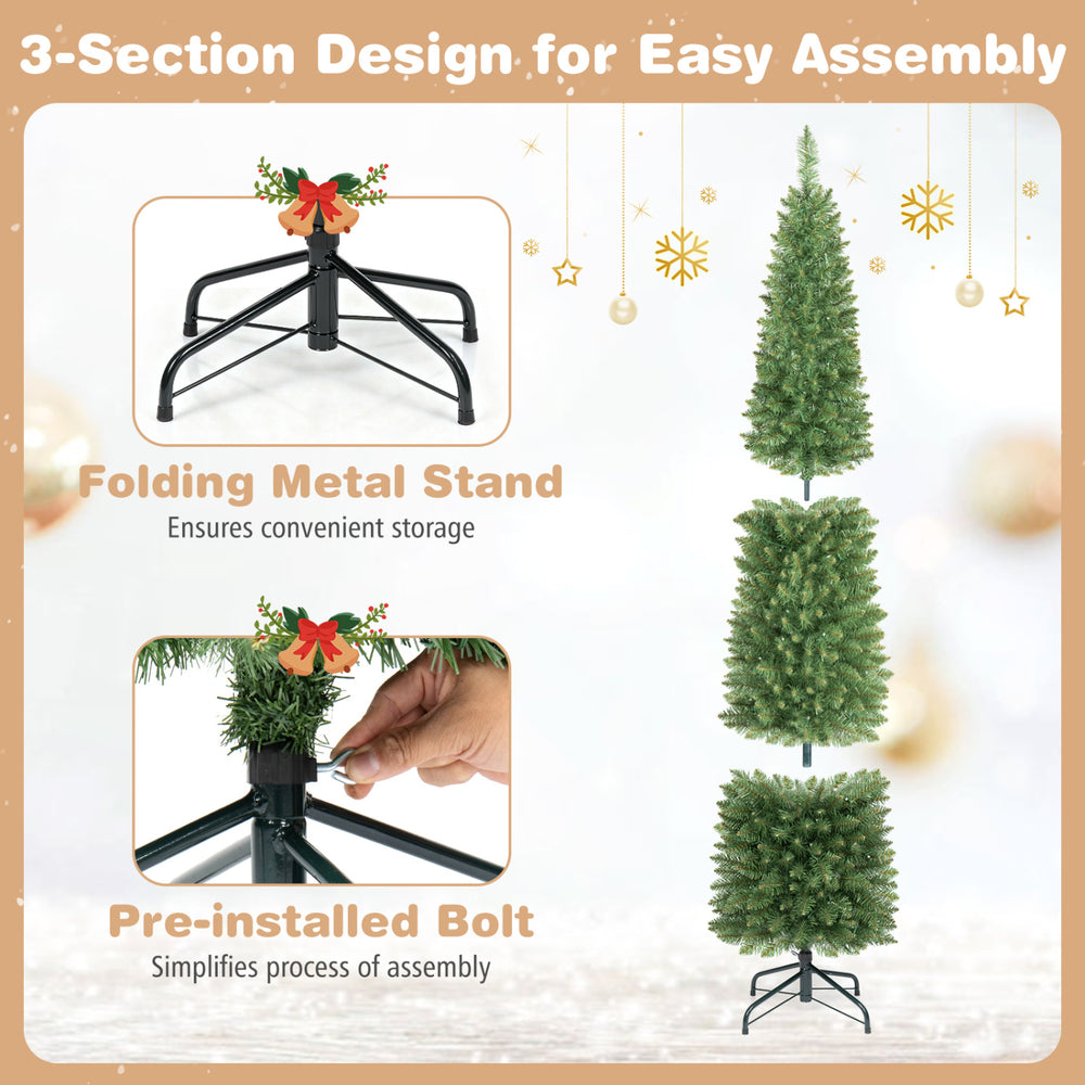 3-section design of the 6 FT Pre-Lit Pencil Christmas Tree with a folding metal stand for easy assembly and storage.