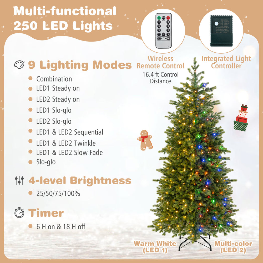 Close-up of the 6/7.5 FT pre-lit Christmas tree showcasing multi-color LED lights and realistic gradient green branch tips.