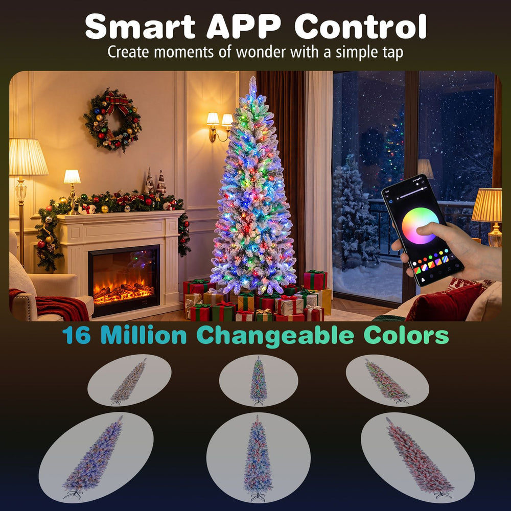 6 FT pre-lit snow-flocked Christmas tree with RGB lights, featuring adjustable brightness and smart APP control for festive ambiance.