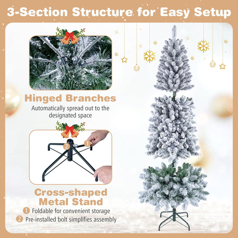 6 FT pre-lit snow-flocked Christmas tree with RGB lights features a slim design, hinged branches, and a foldable metal stand.