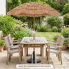 Thatched beach umbrella with push button tilt, featuring a sturdy design for outdoor use in gardens or at the beach.