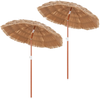 Set of 2 natural 6 FT thatched beach umbrellas with tilt adjustment, perfect for beach or garden use.
