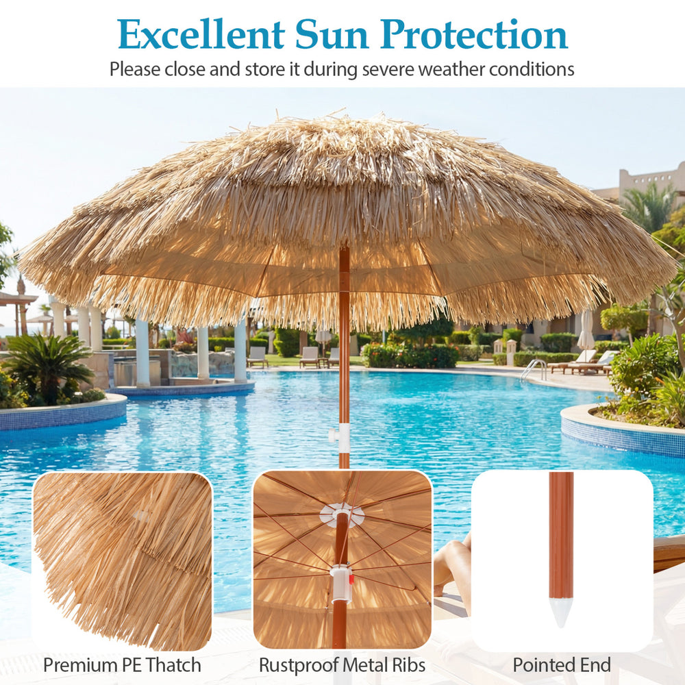6 FT thatched beach umbrella with premium PE thatch, rustproof metal ribs, and tilt adjustment for sun protection.