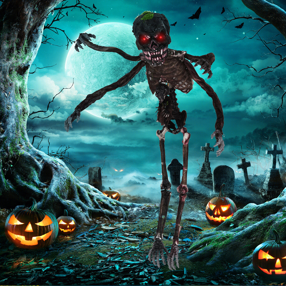 6-foot animated skeleton decoration with red LED eyes, spooky sounds, and 4 adjustable arms for Halloween displays.
