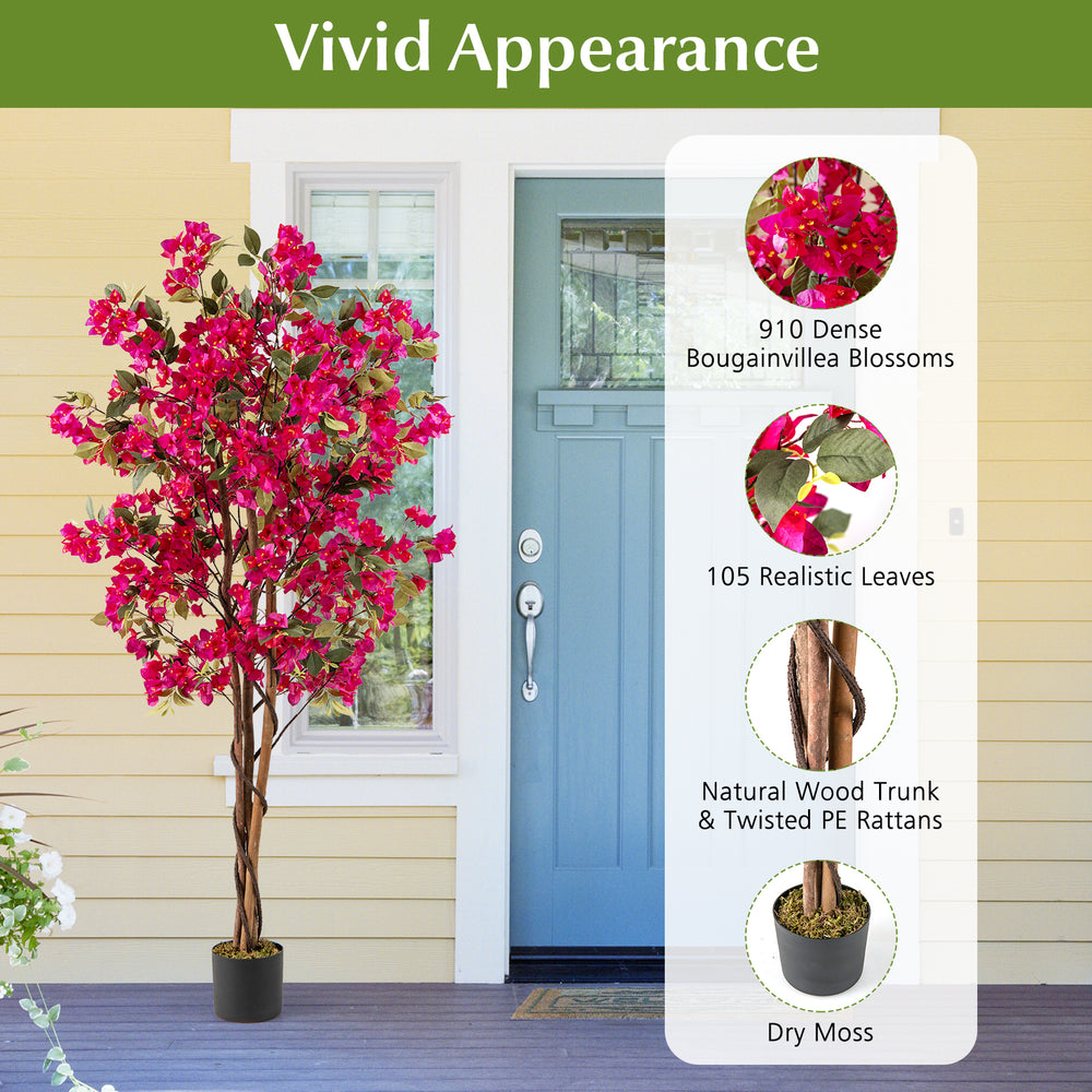 6-foot artificial bougainvillea tree with 910 flowers and natural wood trunk, perfect for vibrant indoor decor.