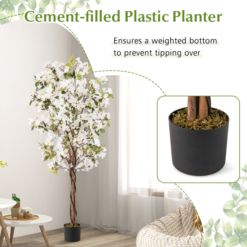 6 feet artificial bougainvillea tree with 910 white flowers in a cement-filled plastic planter for stability and easy.