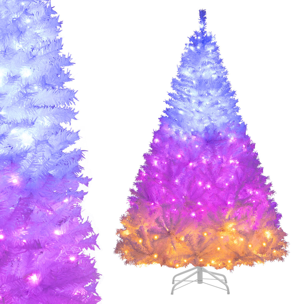 6-foot artificial Christmas tree with dual lighting colors and 11 modes, featuring a hinged design for easy setup.