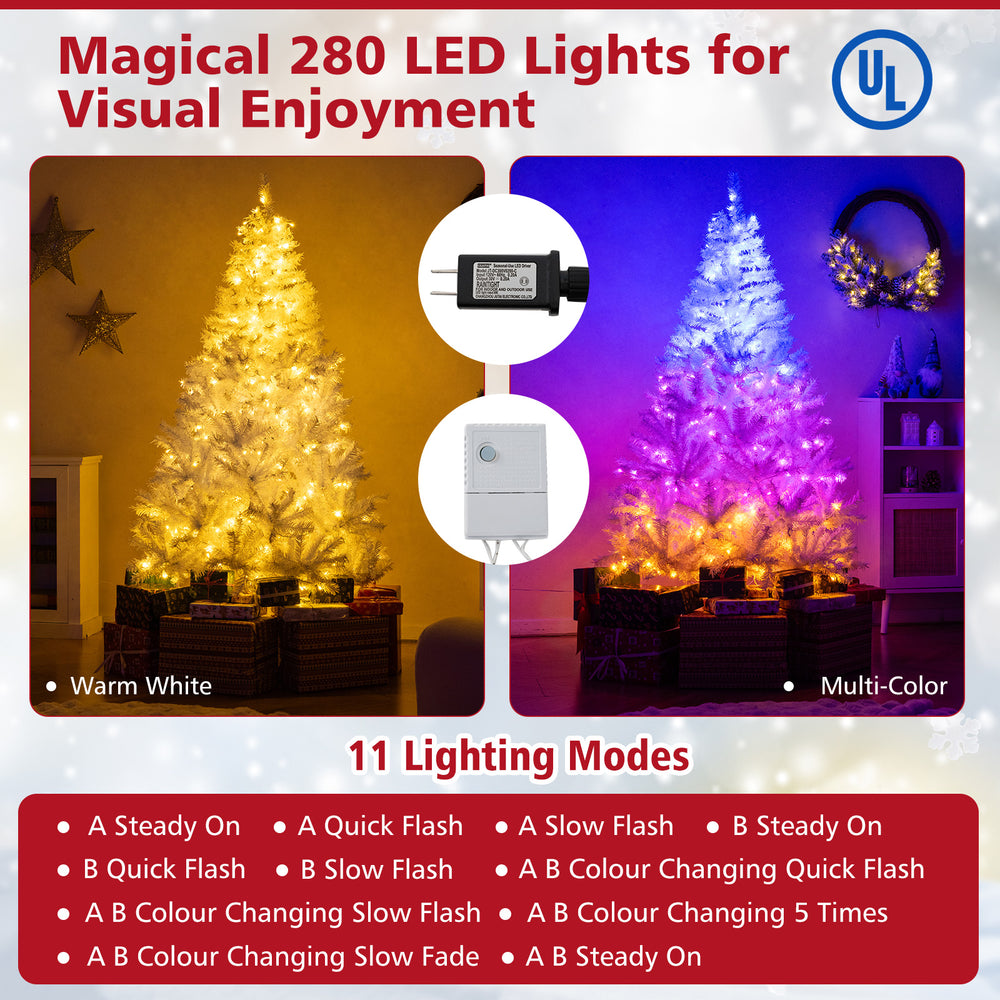 6 feet artificial Christmas tree with 280 LED lights in warm white and multi-color, featuring 11 lighting modes for.