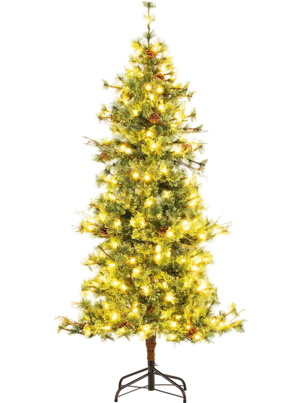 6 feet pre-lit artificial Christmas tree with warm white LED lights and pine cones, perfect for festive holiday decor.