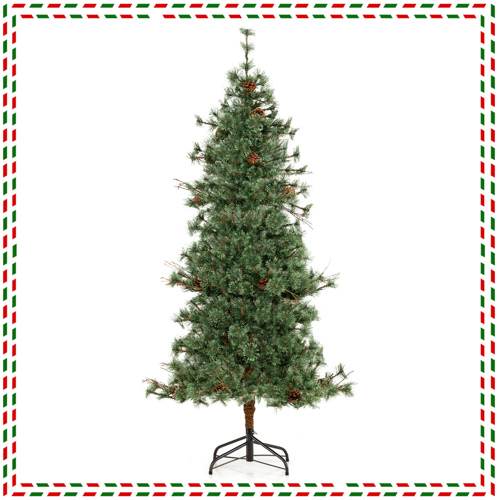 6 feet artificial Christmas tree with warm white LED lights and pine cones, featuring a hinged design for easy setup.