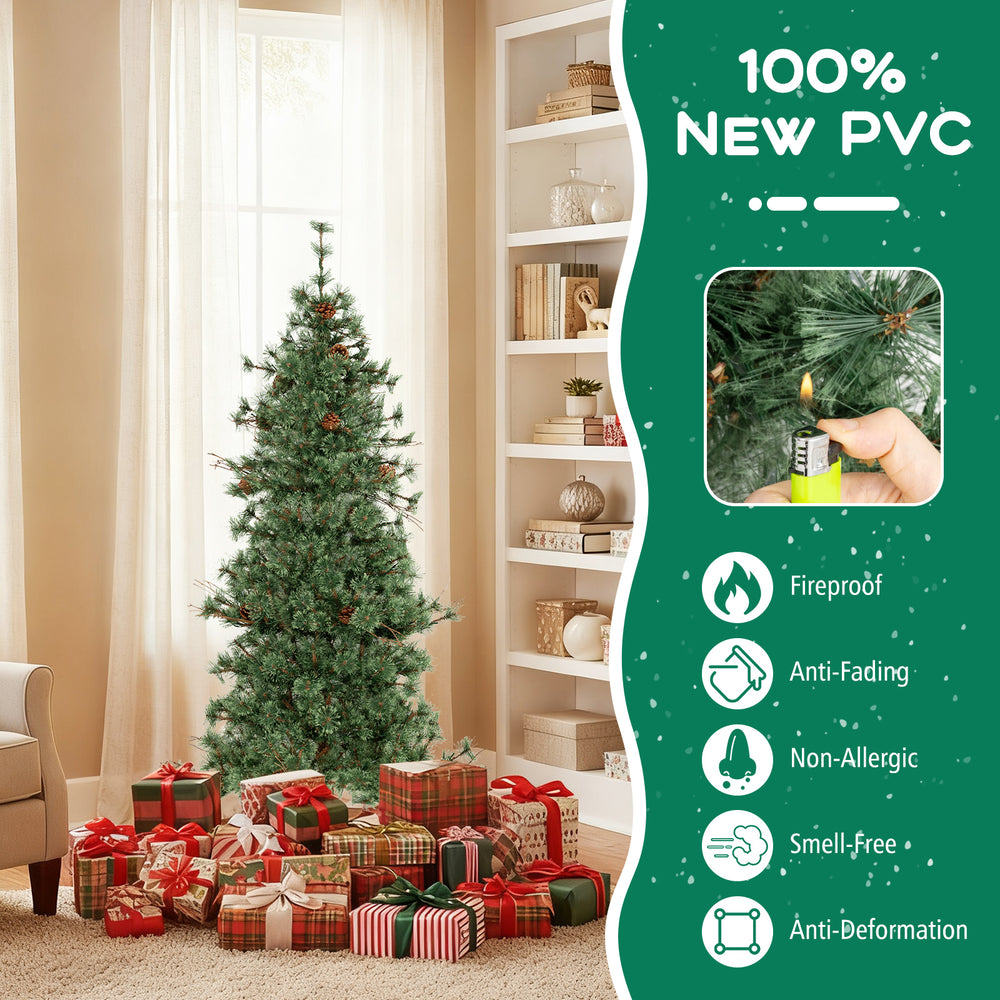 6 feet pre-lit artificial Christmas tree with warm white LED lights, pine cones, and a foldable metal stand for easy.