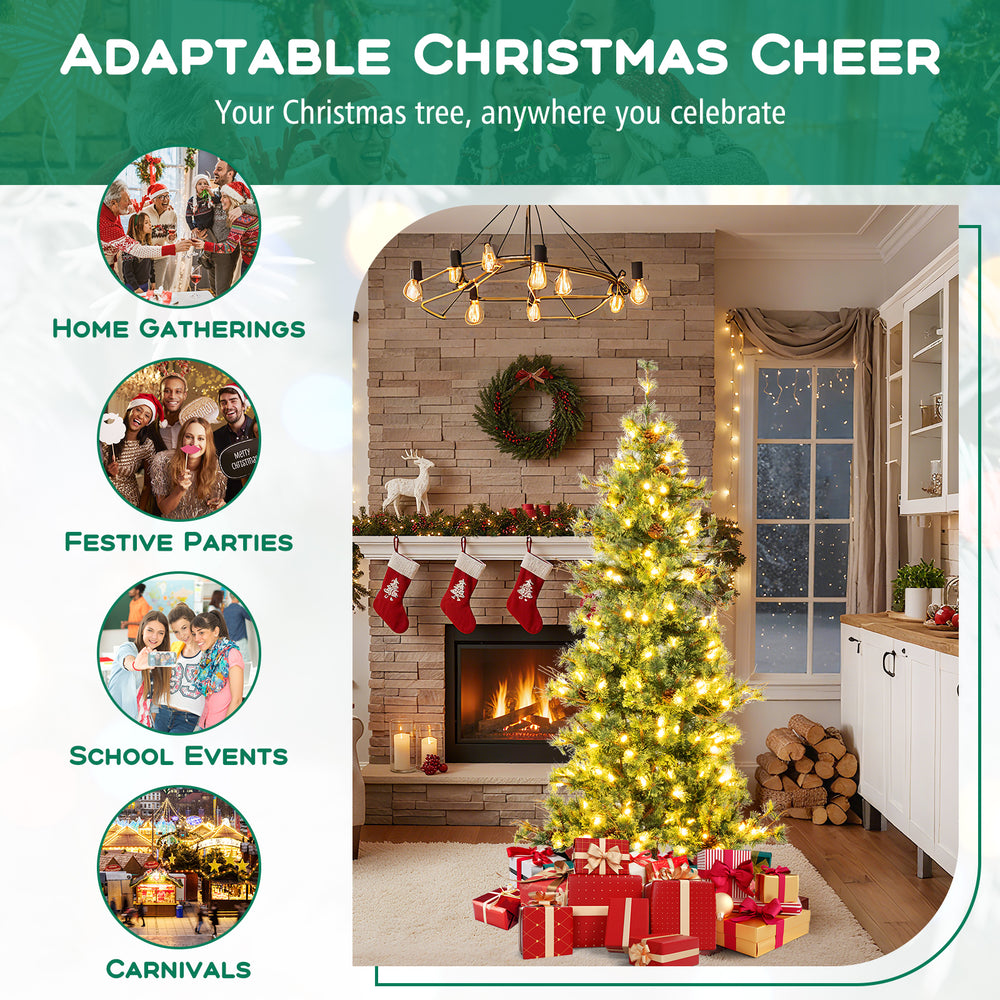 6 feet artificial Christmas tree with warm white LED lights, showcasing a charming design with natural pine cones and.