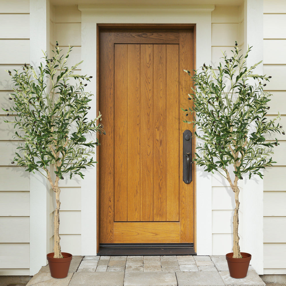 6 feet artificial olive tree with 1264 leaves and 72 fruits in a cement pot, ideal for indoor or outdoor decoration.